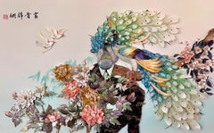 Chinese 3-D Seashell Shell Art Peacocks and Flowers Sculpture