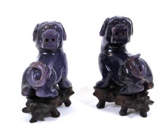 Chinese Carved Hardstone Foo Dogs on Carved Wood Bases