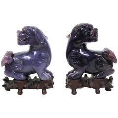 Chinese Carved Hardstone Foo Dogs on Carved Wood Bases