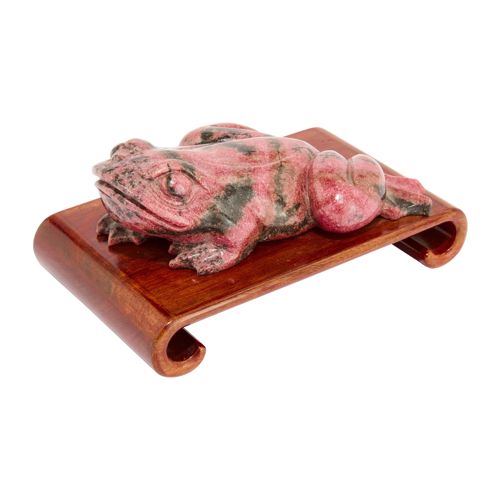 Chinese Carved Hardstone Rhodonite Frog Toad Sculpture Figure Model Wood Base For Sale
