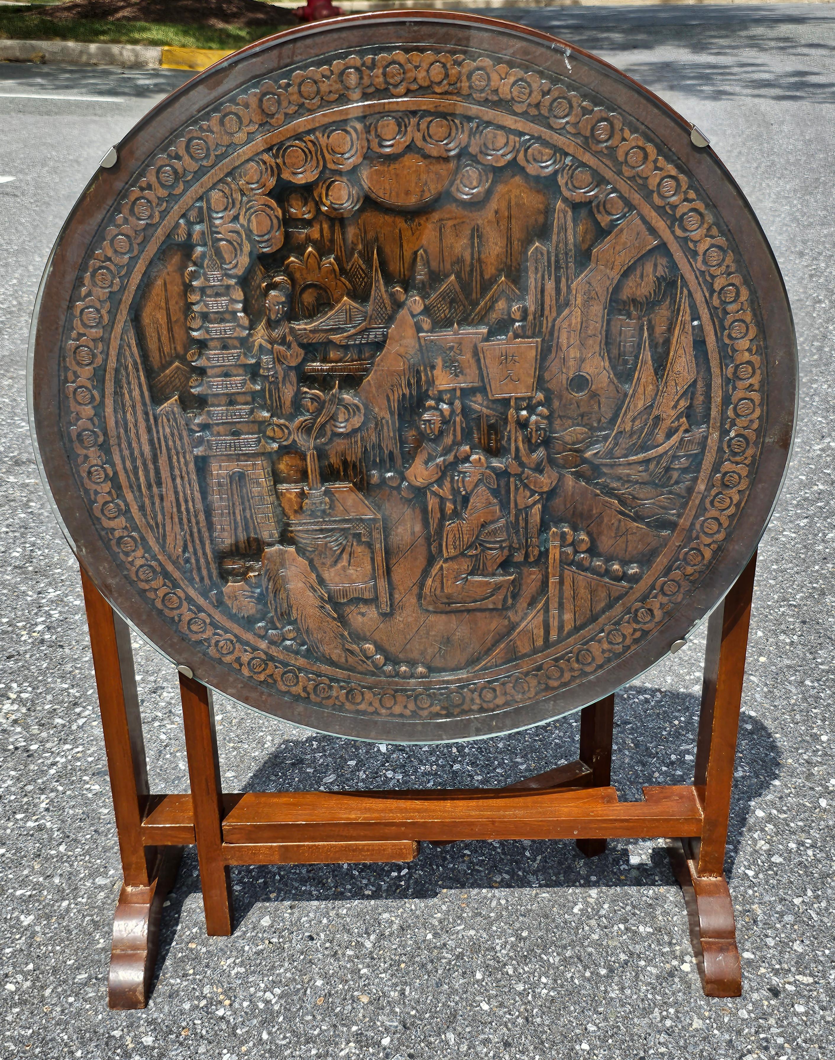Beautiful hand-carved Chinese Carved Hardwood And Glass Tilt-Top Tea Table or Side Table Measures 24