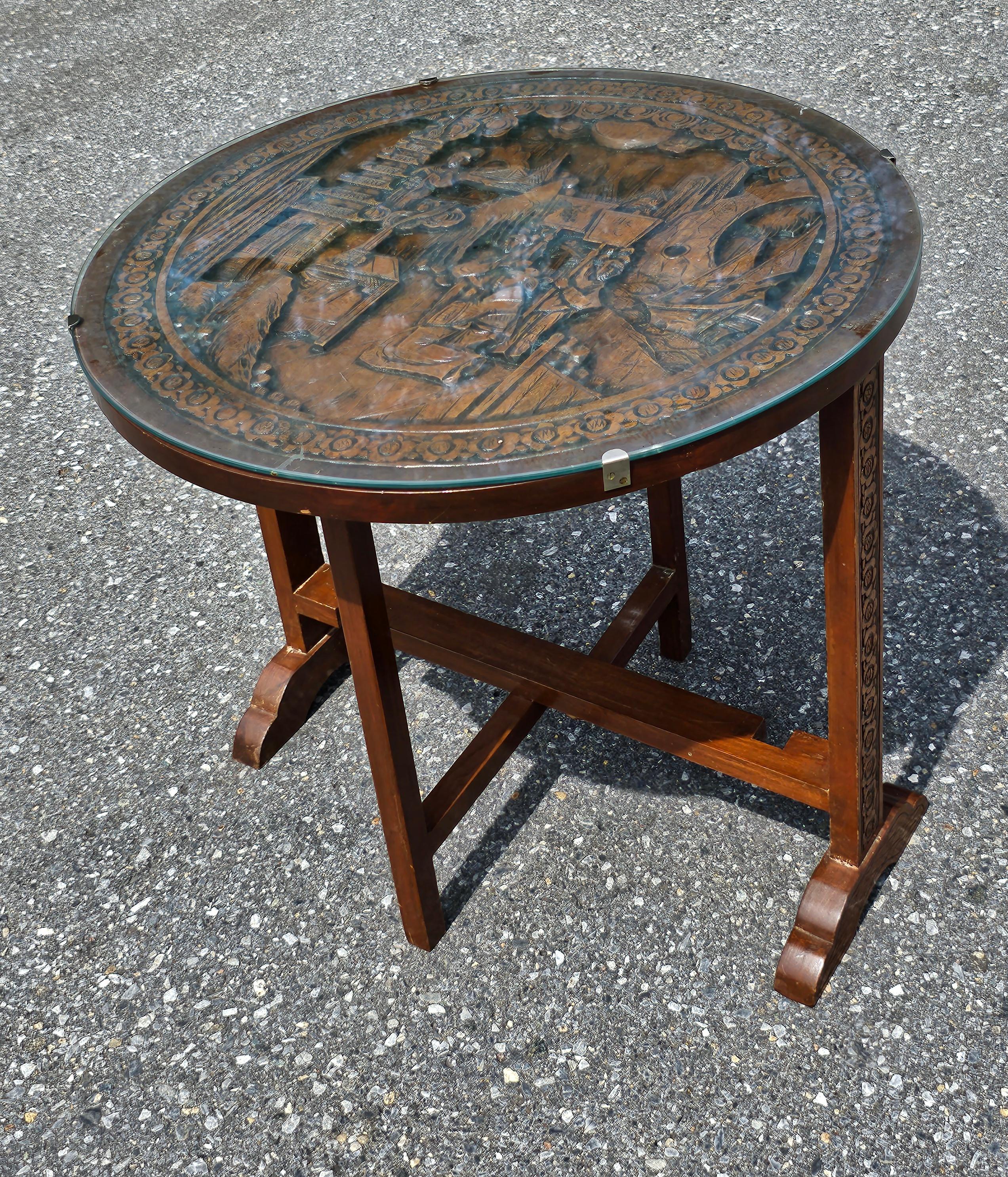 Chinese Export Chinese Carved Hardwood And Glass Tilt-Top Tea Table or Side Table For Sale