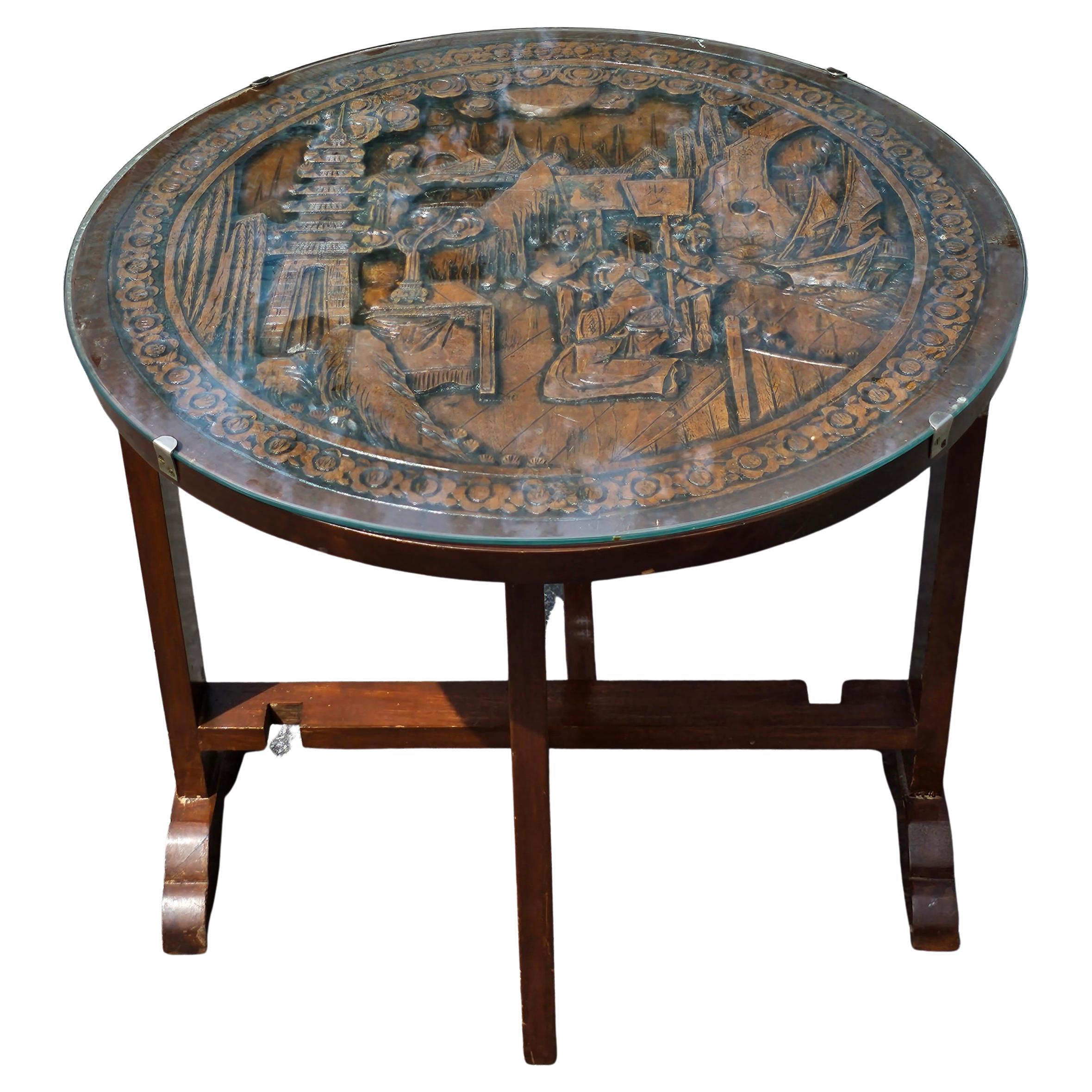 Chinese Carved Hardwood And Glass Tilt-Top Tea Table or Side Table For Sale