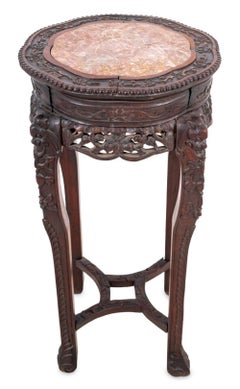 Chinese Carved Hardwood and Marble Pedestal Table