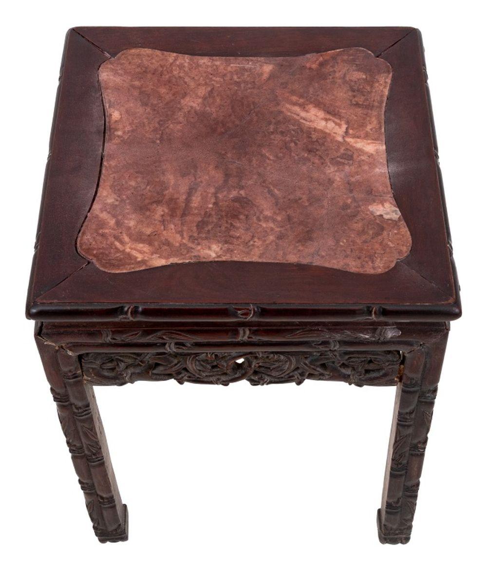 Qing Chinese Carved Hardwood and Marble Pedestal Table For Sale