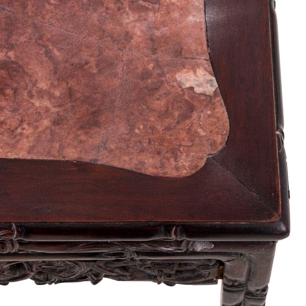 Chinese Carved Hardwood and Marble Pedestal Table In Good Condition For Sale In Astoria, NY