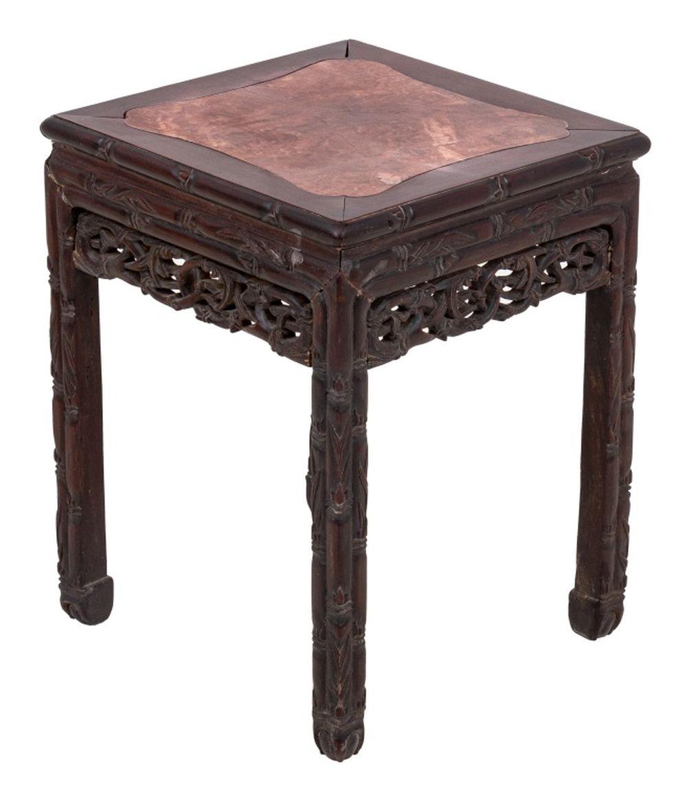 19th Century Chinese Carved Hardwood and Marble Pedestal Table For Sale
