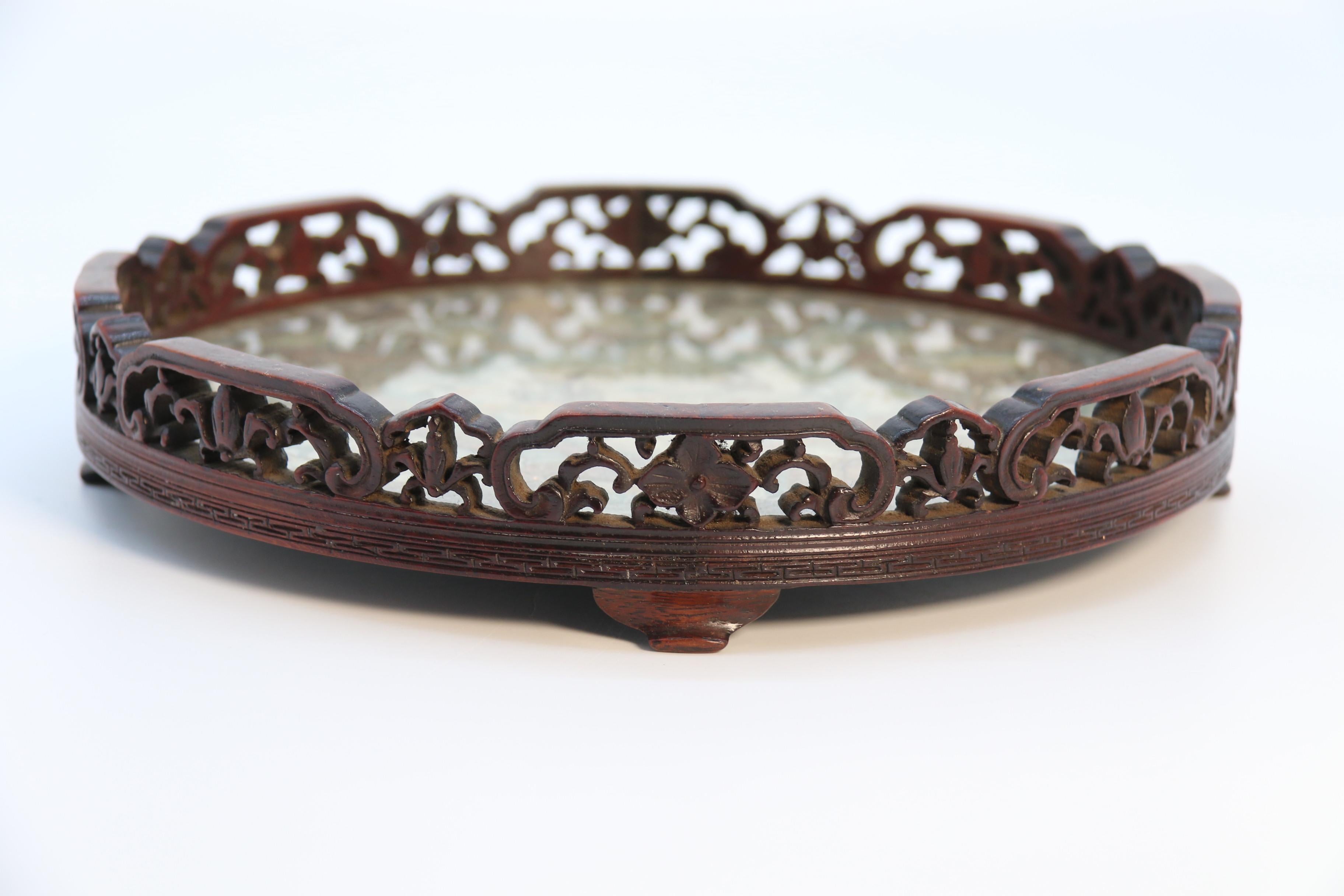 Chinese carved hardwood and the original silk embroidered tray, circa 1860 For Sale 7