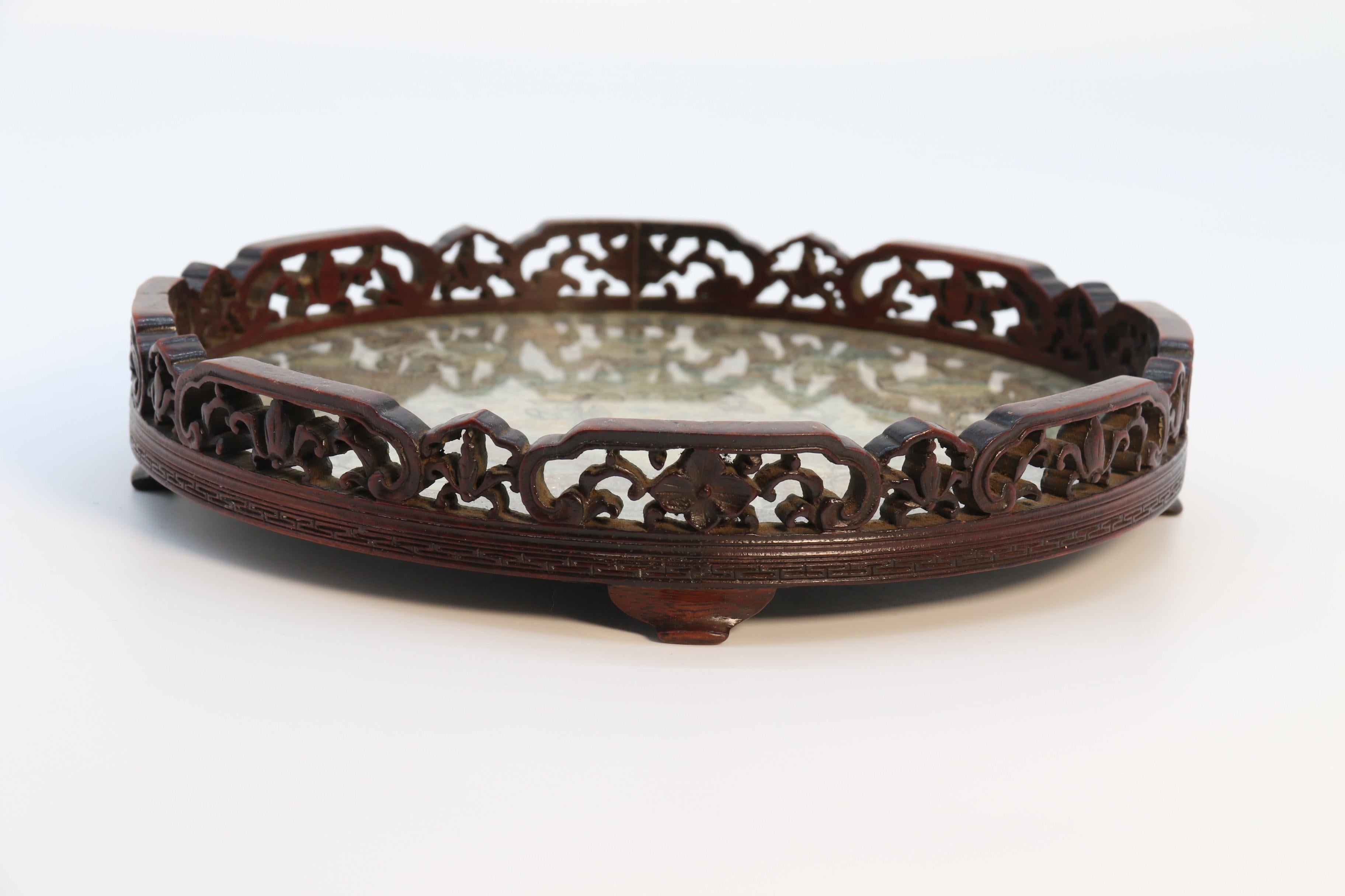 Chinese carved hardwood and the original silk embroidered tray, circa 1860 For Sale 8