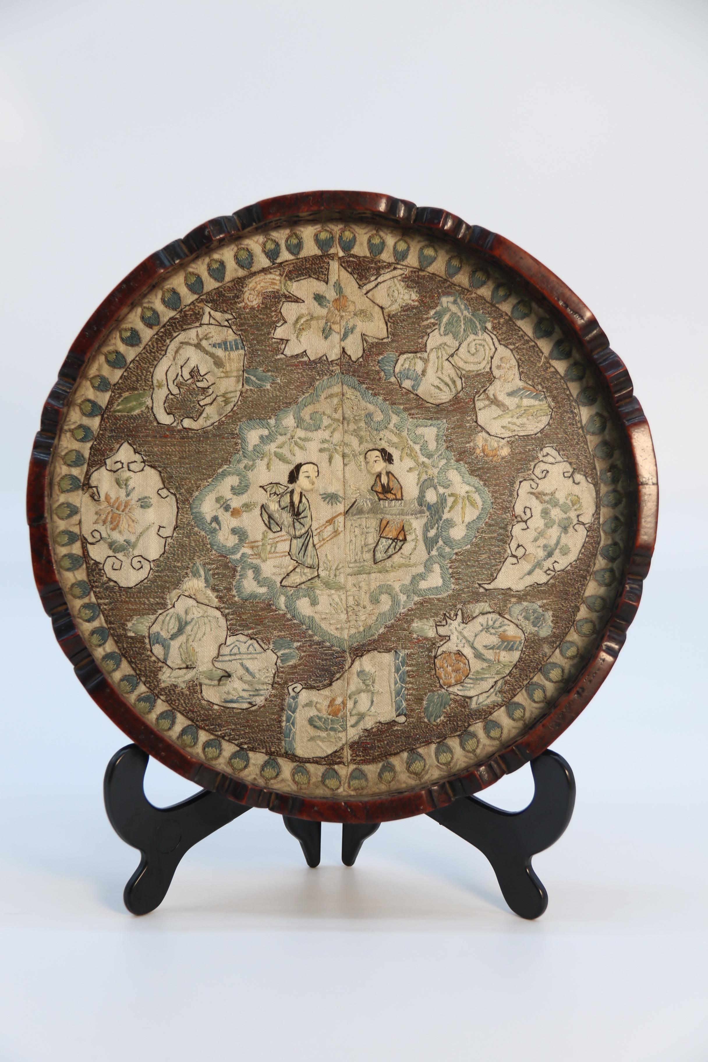 Carved Chinese carved hardwood and the original silk embroidered tray, circa 1860 For Sale