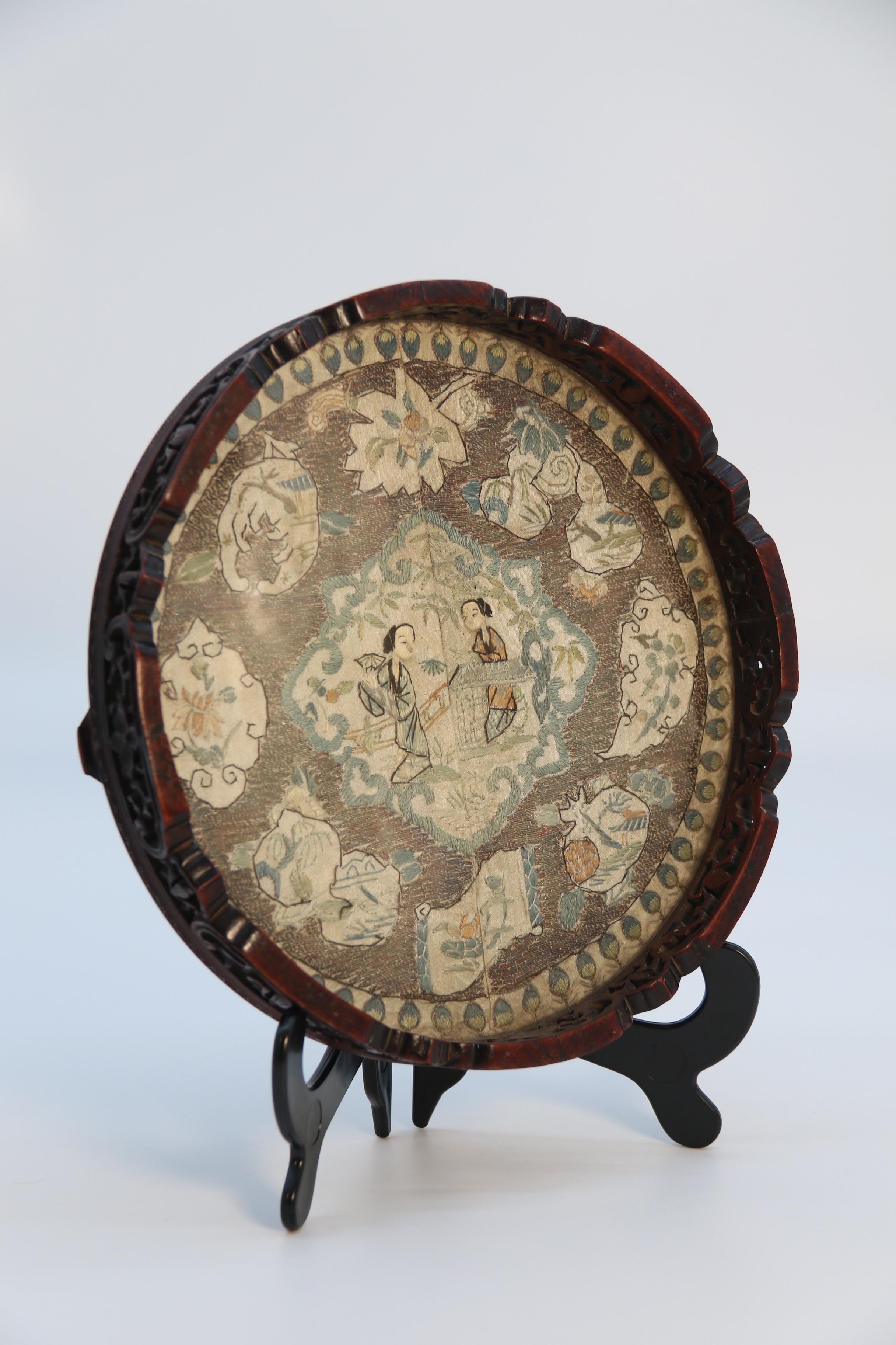 Chinese carved hardwood and the original silk embroidered tray, circa 1860 In Good Condition For Sale In Central England, GB