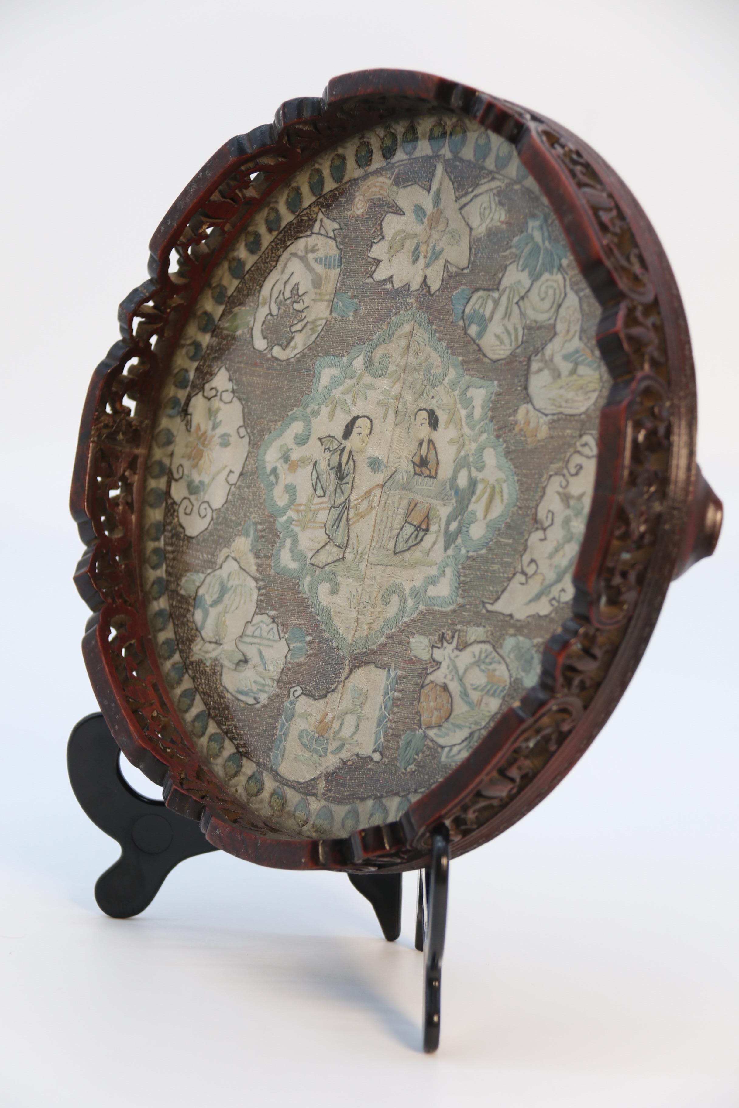 Chinese carved hardwood and the original silk embroidered tray, circa 1860 For Sale 2
