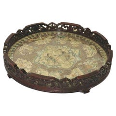 Antique Chinese Carved Hardwood and the Original Silk Embroidered Tray, circa 1860
