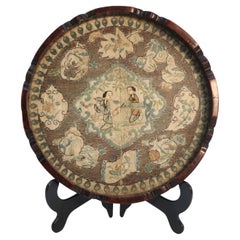 Chinese carved hardwood and the original silk embroidered tray, circa 1860