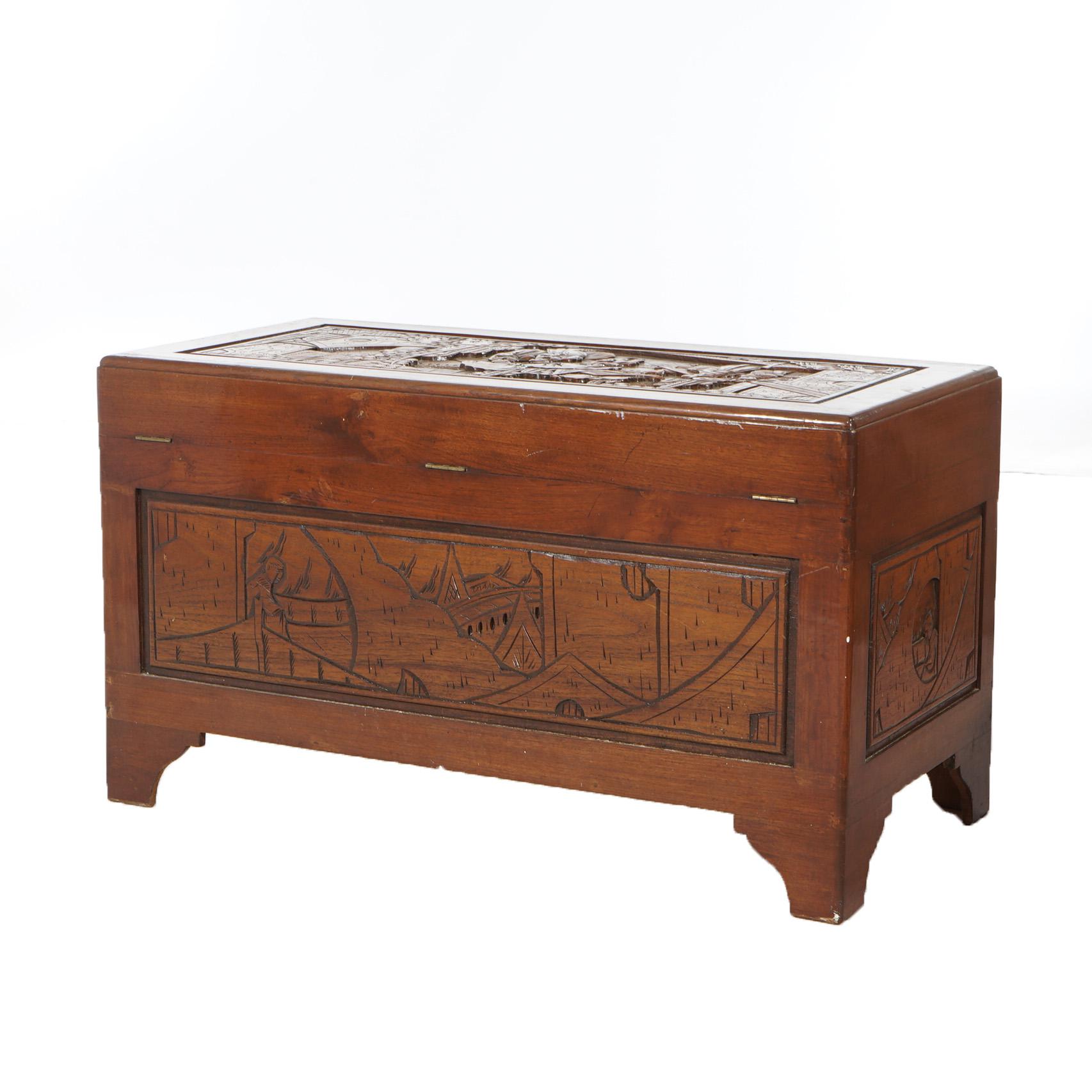 Chinese Carved Hardwood Figural Blanket Chest with Street Scene in Relief 20thC For Sale 6