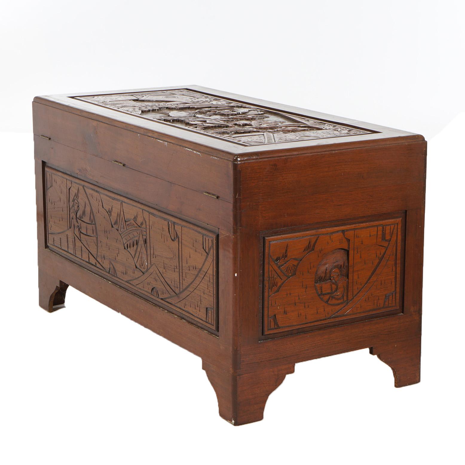 Chinese Carved Hardwood Figural Blanket Chest with Street Scene in Relief 20thC For Sale 7