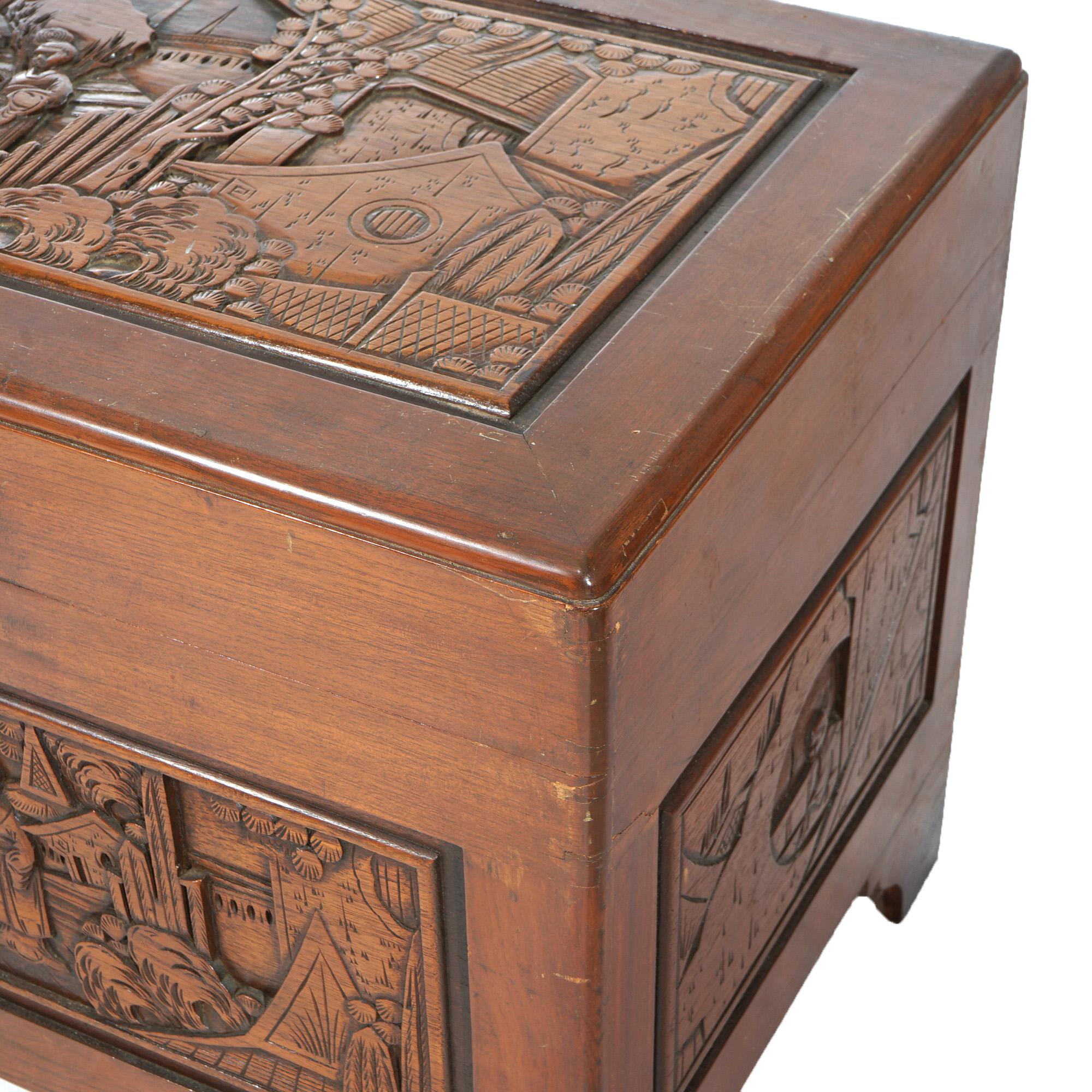 Chinese Carved Hardwood Figural Blanket Chest with Street Scene in Relief 20thC For Sale 8