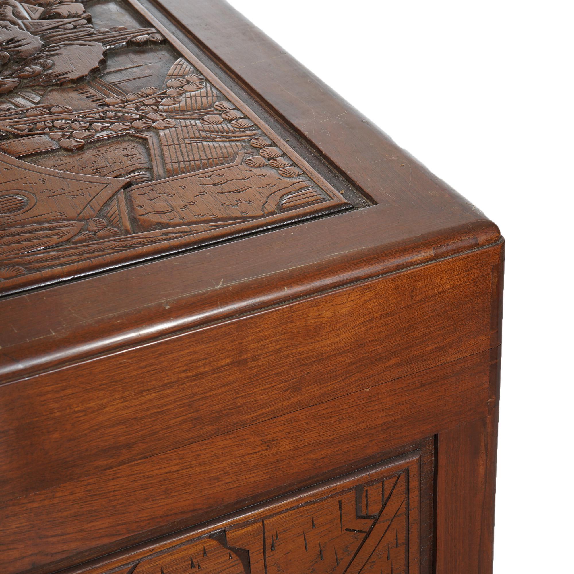 Chinese Carved Hardwood Figural Blanket Chest with Street Scene in Relief 20thC For Sale 9