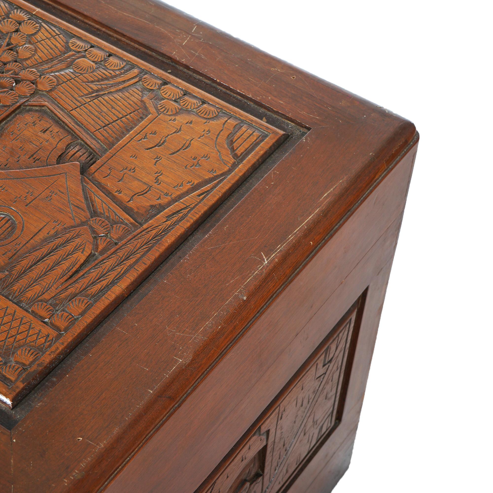 Chinese Carved Hardwood Figural Blanket Chest with Street Scene in Relief 20thC For Sale 10