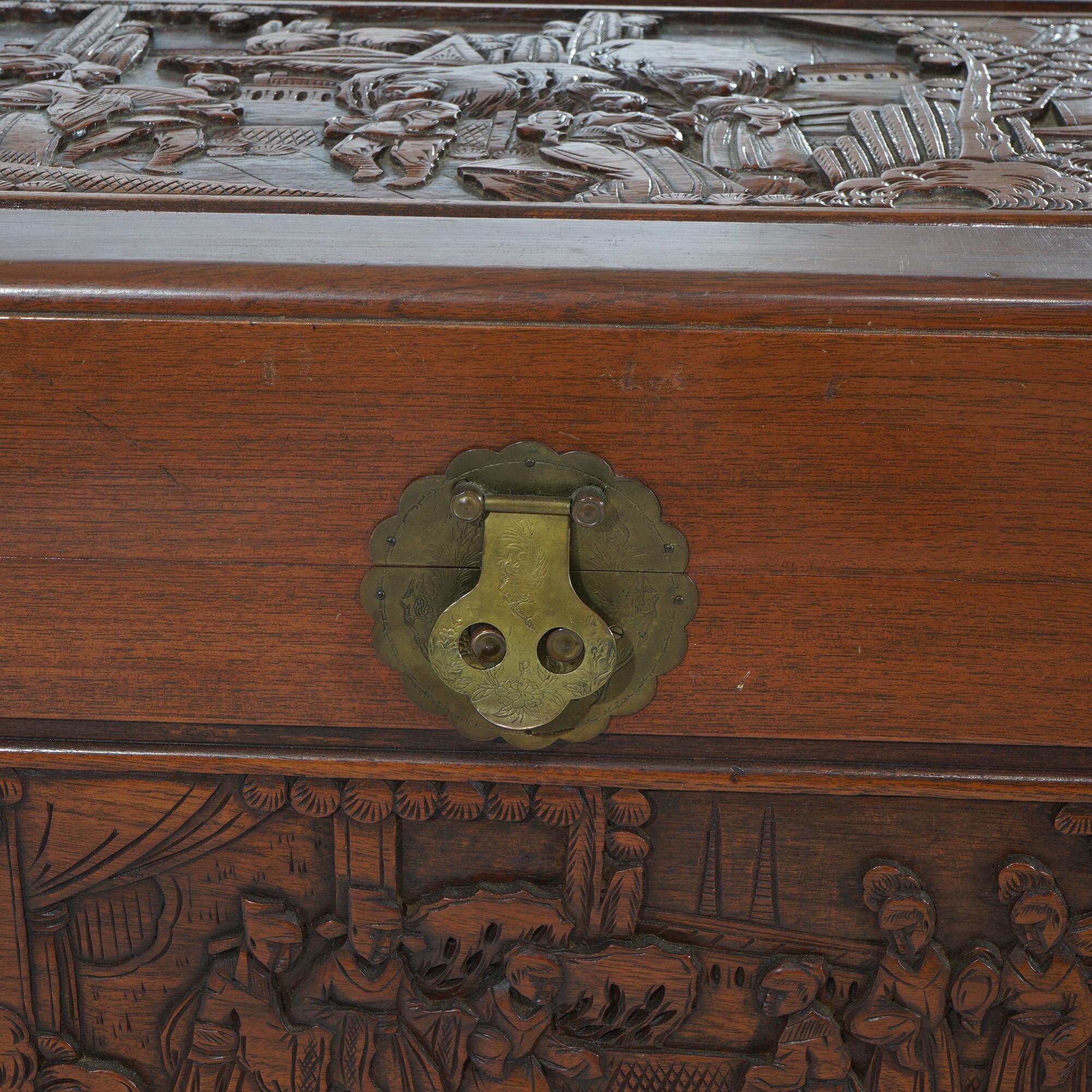 Chinese Carved Hardwood Figural Blanket Chest with Street Scene in Relief 20thC For Sale 11