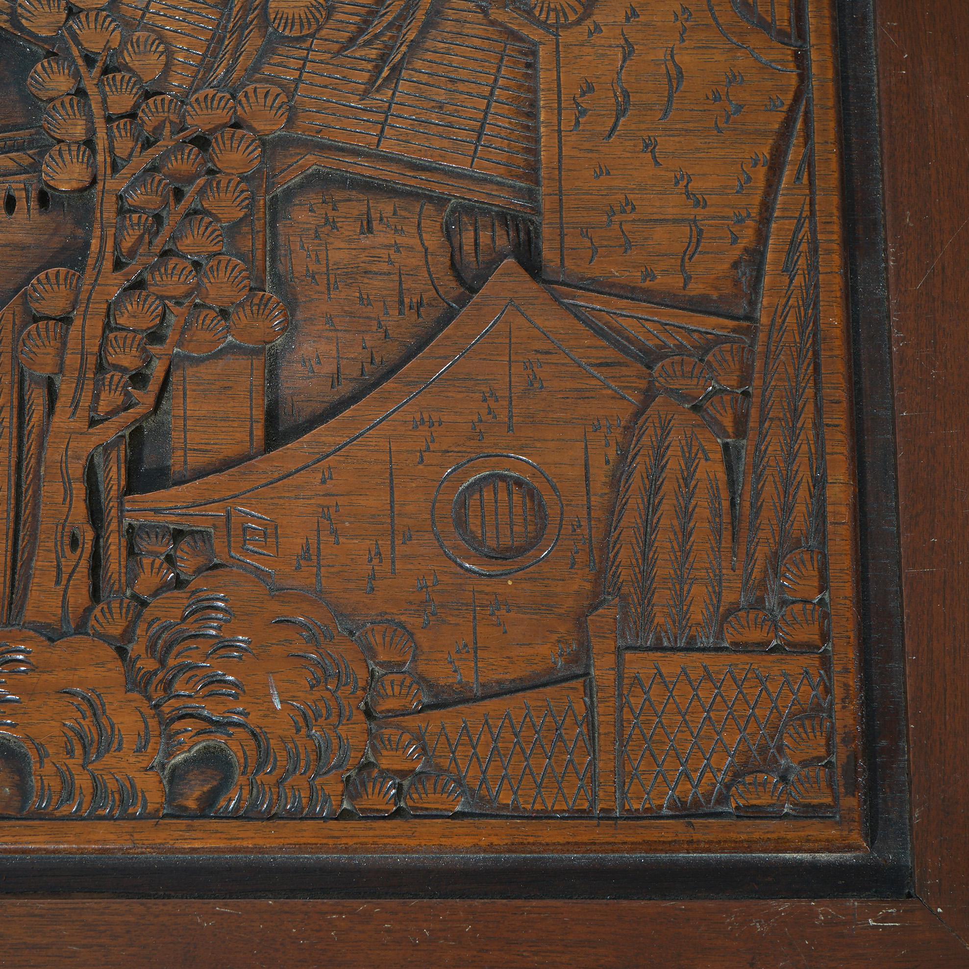 Chinese Carved Hardwood Figural Blanket Chest with Street Scene in Relief 20thC For Sale 13