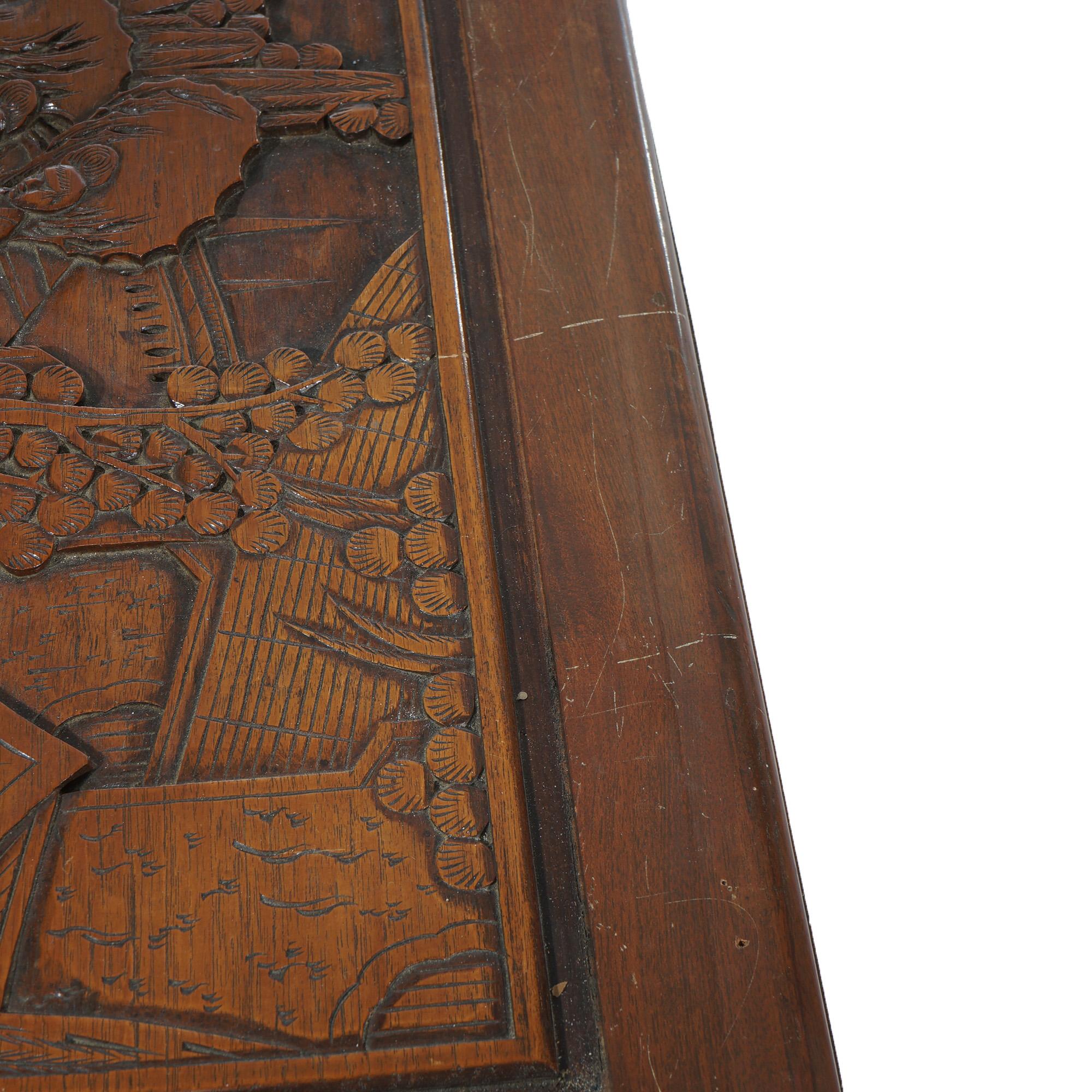 Chinese Carved Hardwood Figural Blanket Chest with Street Scene in Relief 20thC For Sale 14