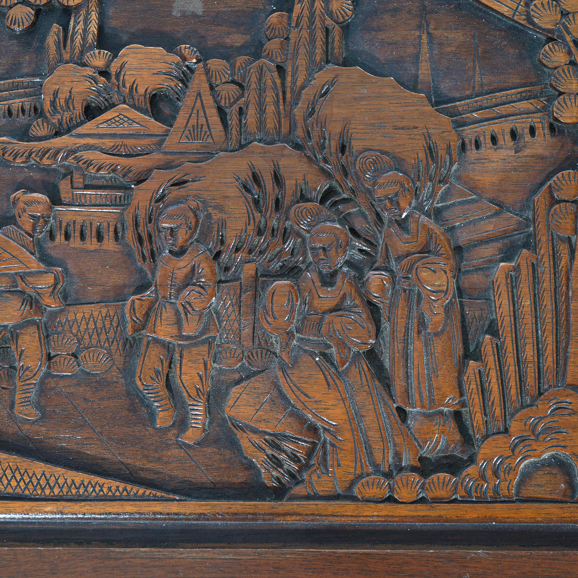 ***Ask About Reduced In-House Delivery Rates - Reliable Professional Service & Fully Insured***
Chinese Carved Hardwood Figural Blanket Chest or Wedding Trunk with Street Scene and Figures in Relief, Raised on Bracket Feet, 20thC

Measures- 23''H x