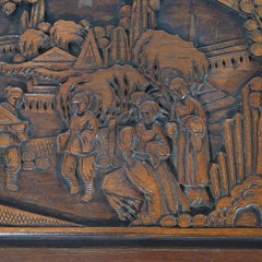 Chinese Carved Hardwood Figural Blanket Chest with Street Scene in Relief 20thC