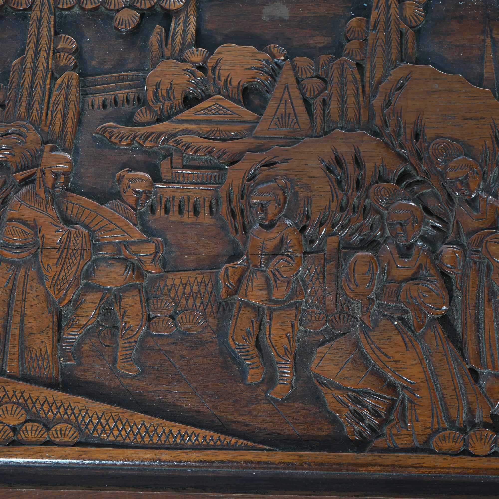 20th Century Chinese Carved Hardwood Figural Blanket Chest with Street Scene in Relief 20thC For Sale