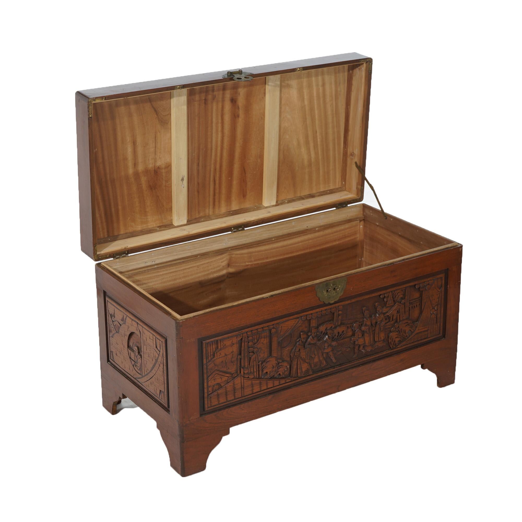Chinese Carved Hardwood Figural Blanket Chest with Street Scene in Relief 20thC For Sale 1