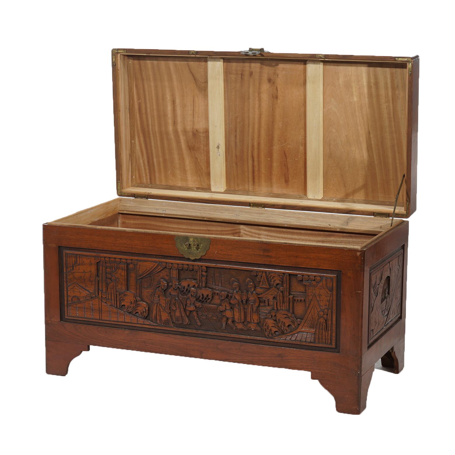 Chinese Carved Hardwood Figural Blanket Chest with Street Scene in Relief 20thC For Sale 3