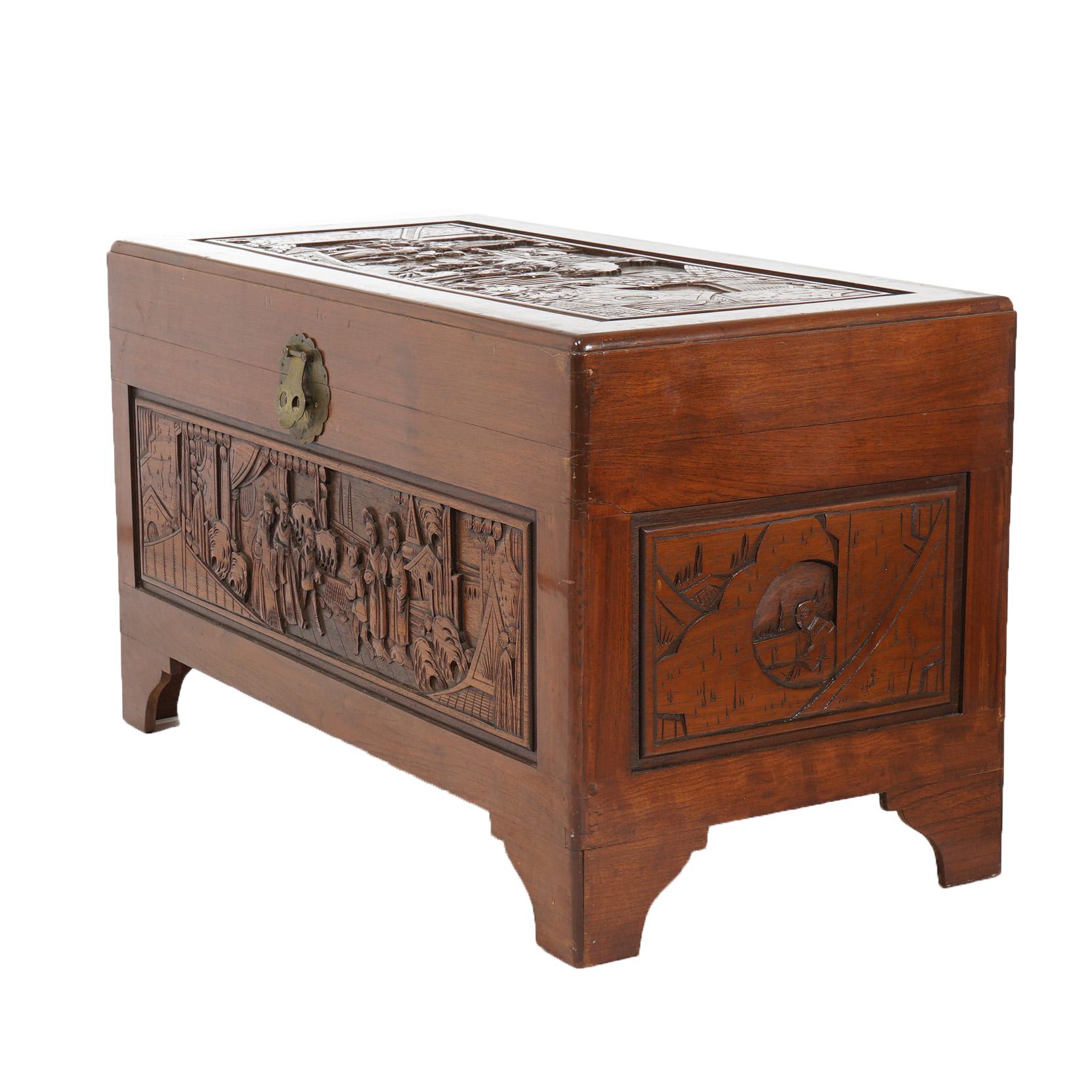 Chinese Carved Hardwood Figural Blanket Chest with Street Scene in Relief 20thC For Sale 4