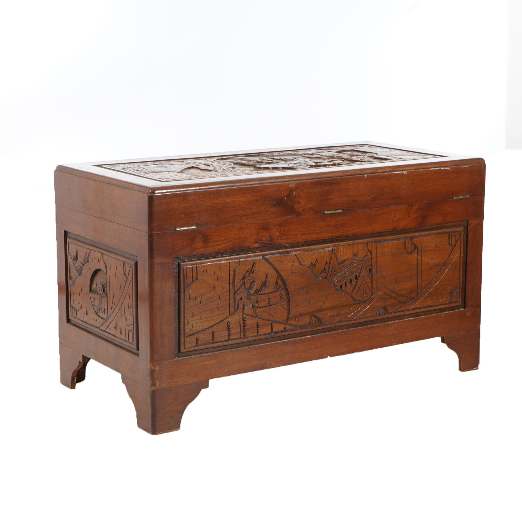 Chinese Carved Hardwood Figural Blanket Chest with Street Scene in Relief 20thC For Sale 5
