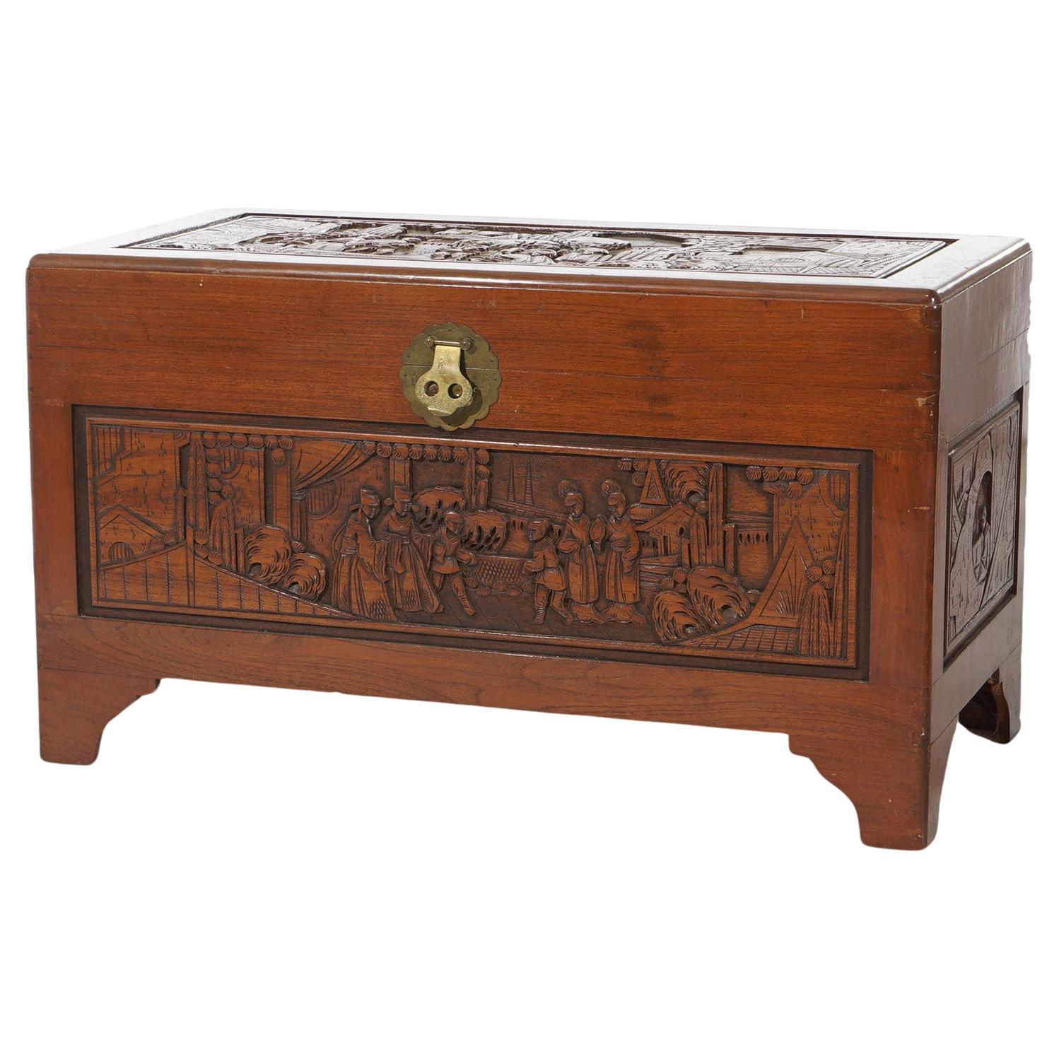 Chinese Carved Hardwood Figural Blanket Chest with Street Scene in Relief 20thC For Sale