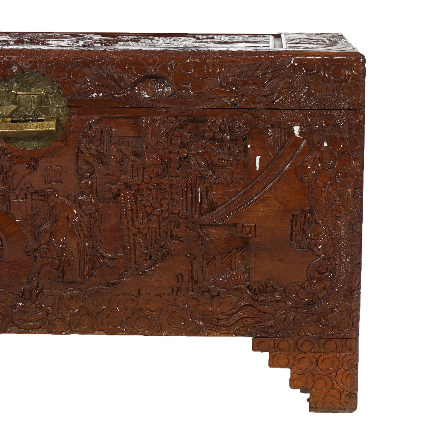Chinese Carved Hardwood Figural Blanket Chest with Village Scene in Relief 20thC For Sale 5