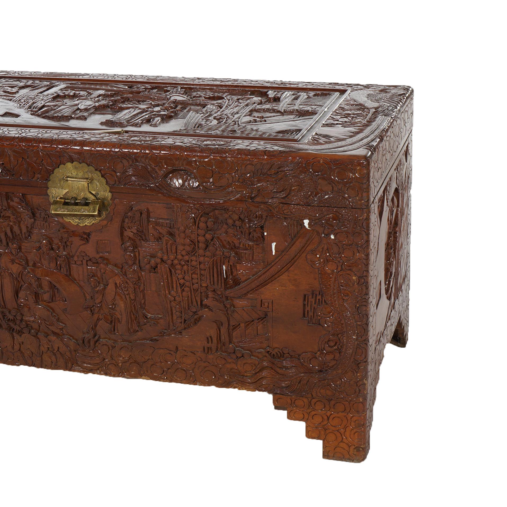 Chinese Carved Hardwood Figural Blanket Chest with Village Scene in Relief 20thC For Sale 6