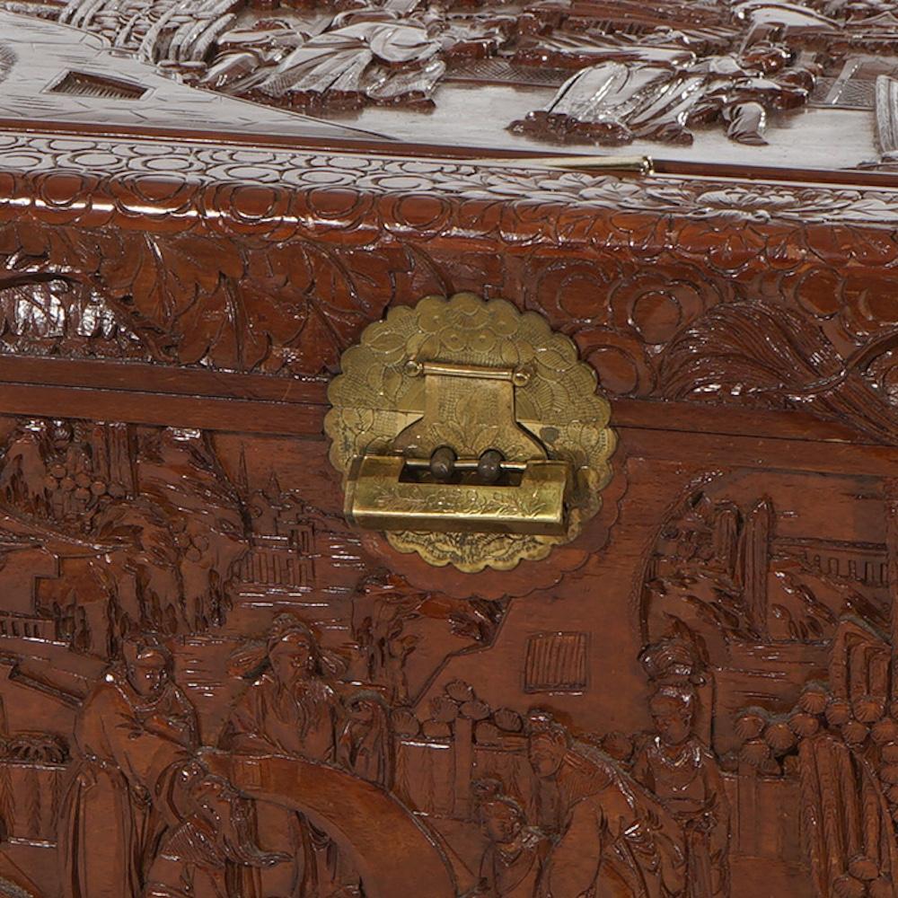 Asian Chinese Carved Hardwood Figural Blanket Chest with Village Scene in Relief 20thC For Sale