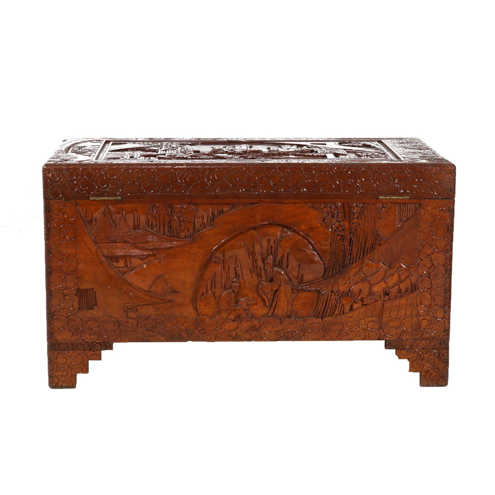 20th Century Chinese Carved Hardwood Figural Blanket Chest with Village Scene in Relief 20thC For Sale