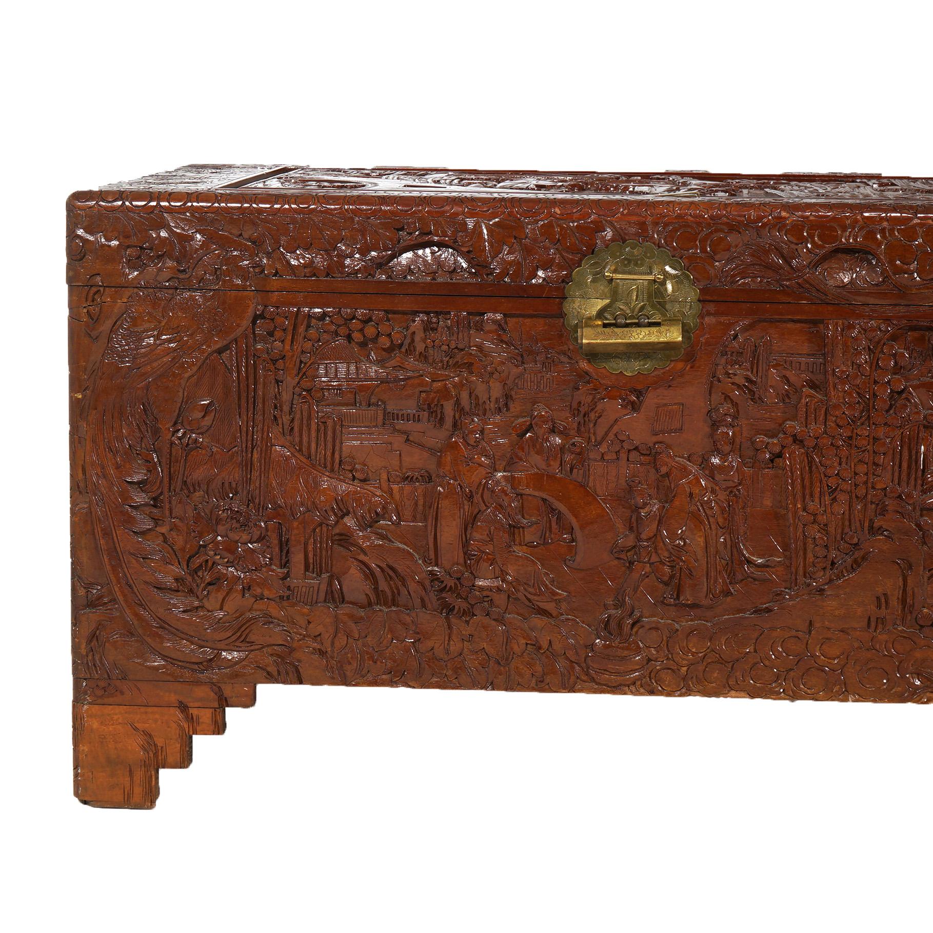 Chinese Carved Hardwood Figural Blanket Chest with Village Scene in Relief 20thC For Sale 1