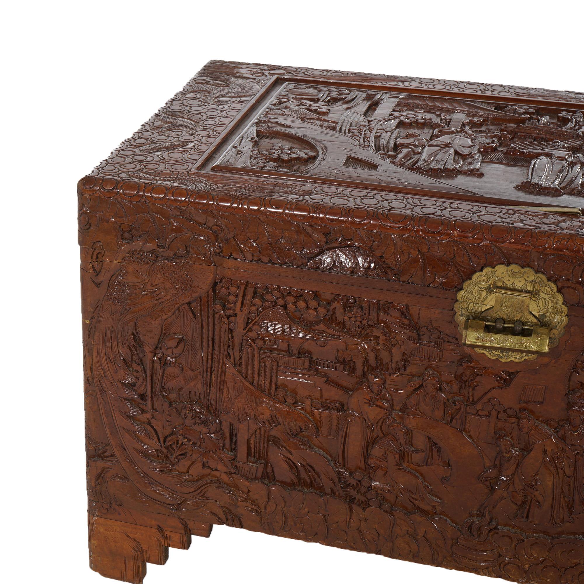 Chinese Carved Hardwood Figural Blanket Chest with Village Scene in Relief 20thC For Sale 2