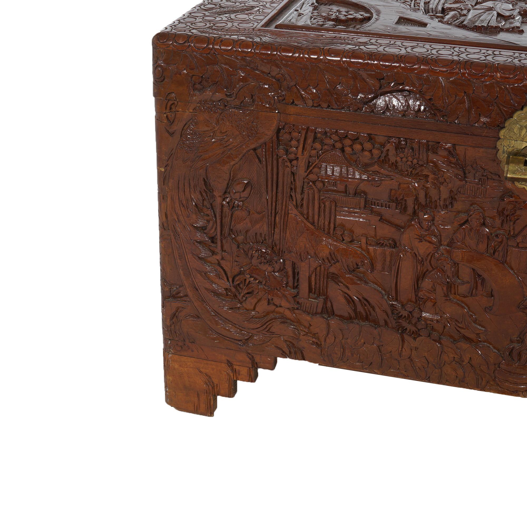 Chinese Carved Hardwood Figural Blanket Chest with Village Scene in Relief 20thC For Sale 3