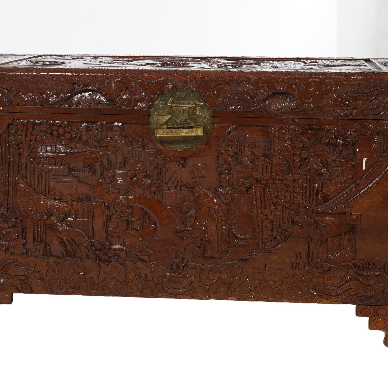 Chinese Carved Hardwood Figural Blanket Chest with Village Scene in Relief 20thC For Sale 4