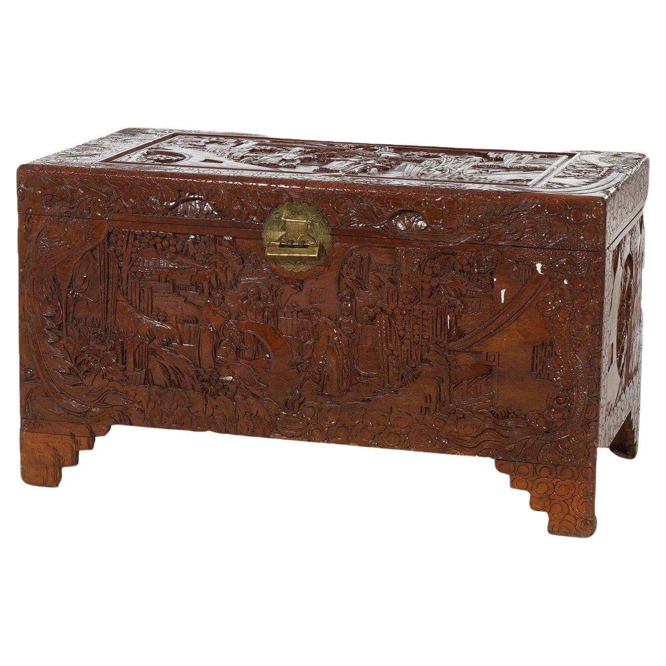 Chinese Carved Hardwood Figural Blanket Chest with Village Scene in Relief 20thC For Sale