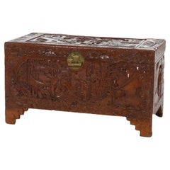 Vintage Chinese Carved Hardwood Figural Blanket Chest with Village Scene in Relief 20thC