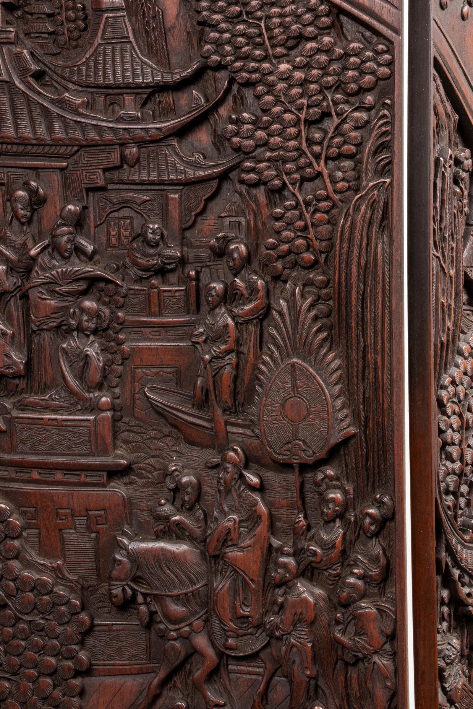 Chinese Carved Hardwood Four Panel Folding Screen In Good Condition In New York, NY