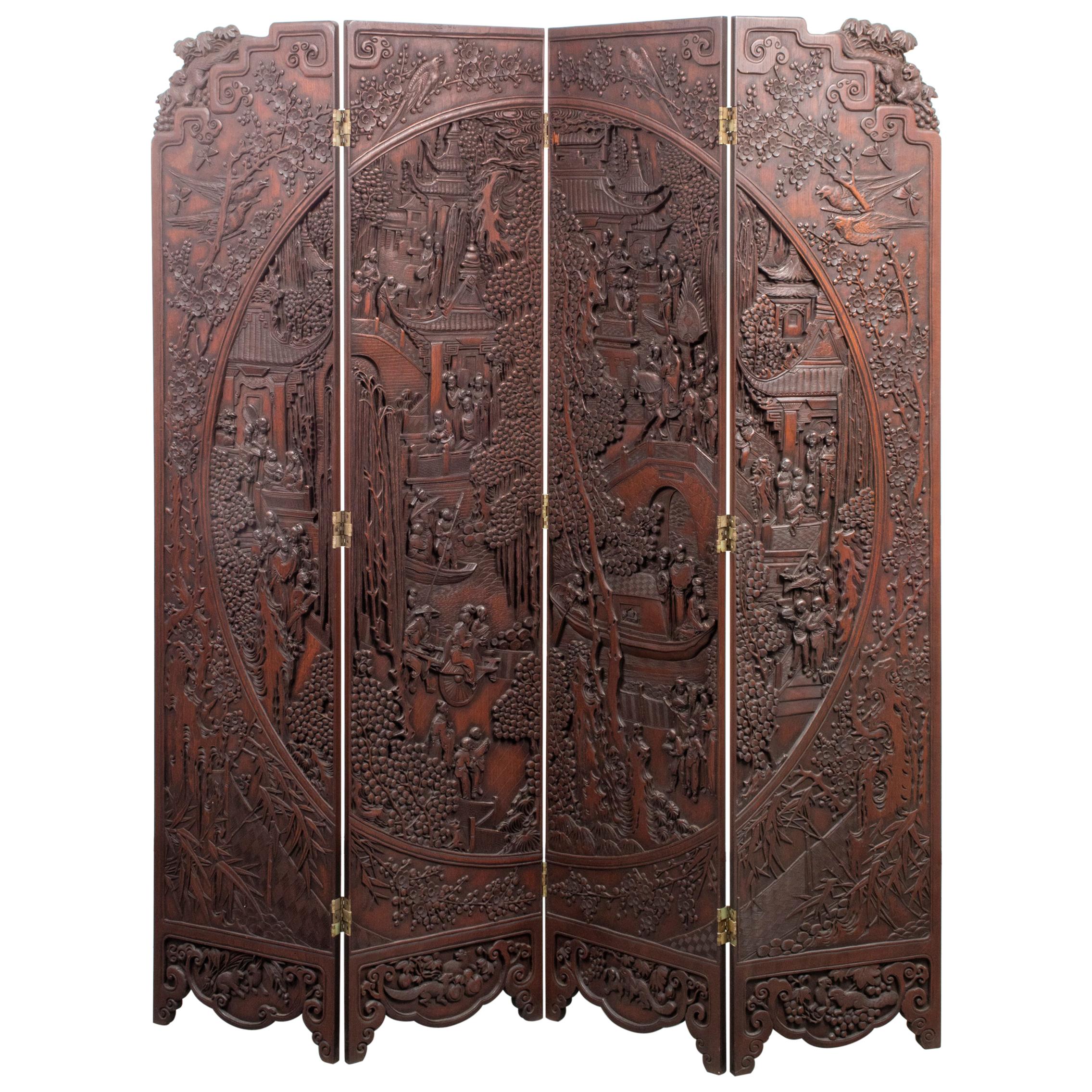 Chinese Carved Hardwood Four Panel Folding Screen