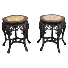 Chinese Carved Hardwood Marble Top Oriental Plant Stand Side Table - a Pair