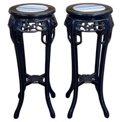 Chinese Carved Hardwood Plant Stand / Pedestal with Marble Top Insert