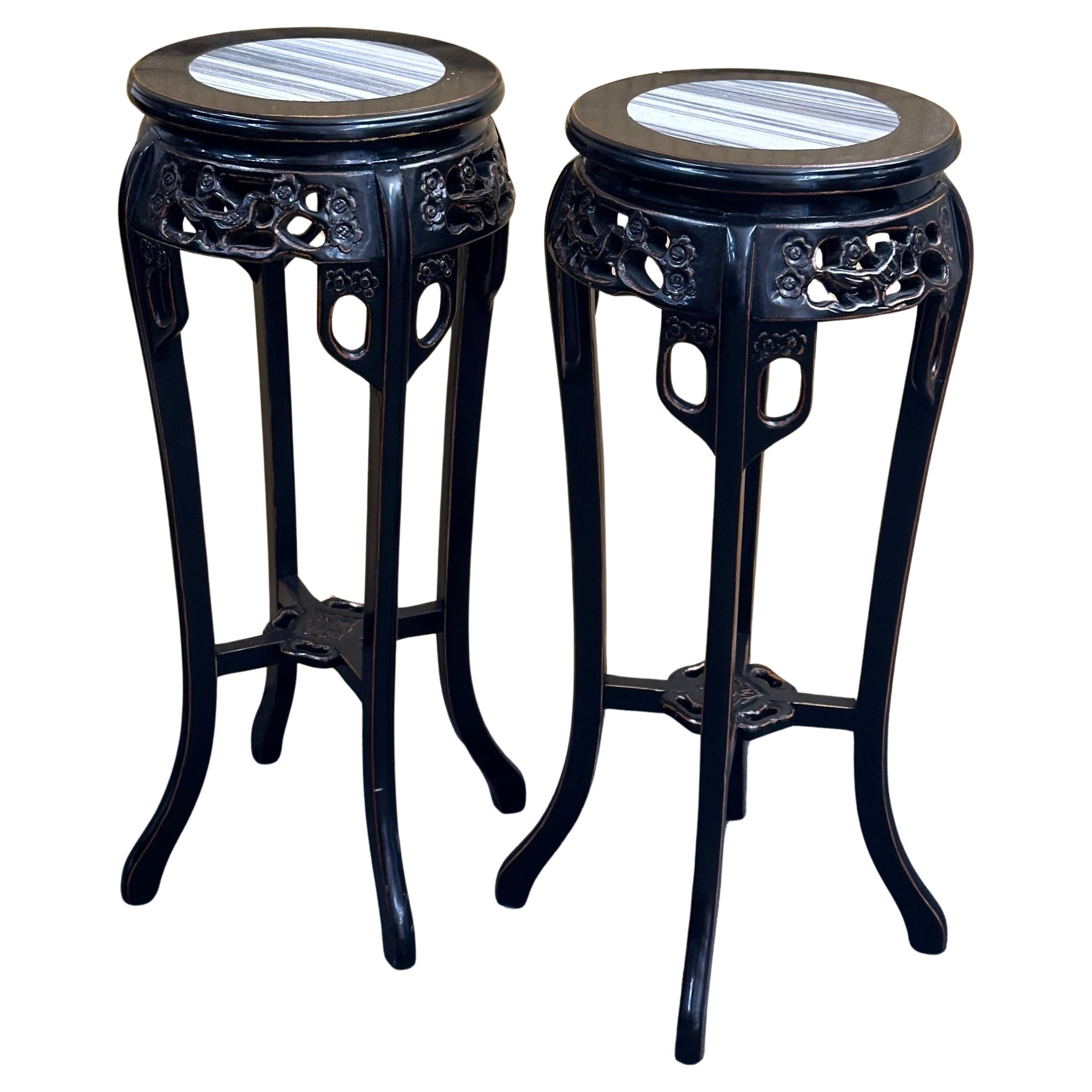 Chinese Carved Hardwood Plant Stand / Pedestal with Marble Top Insert