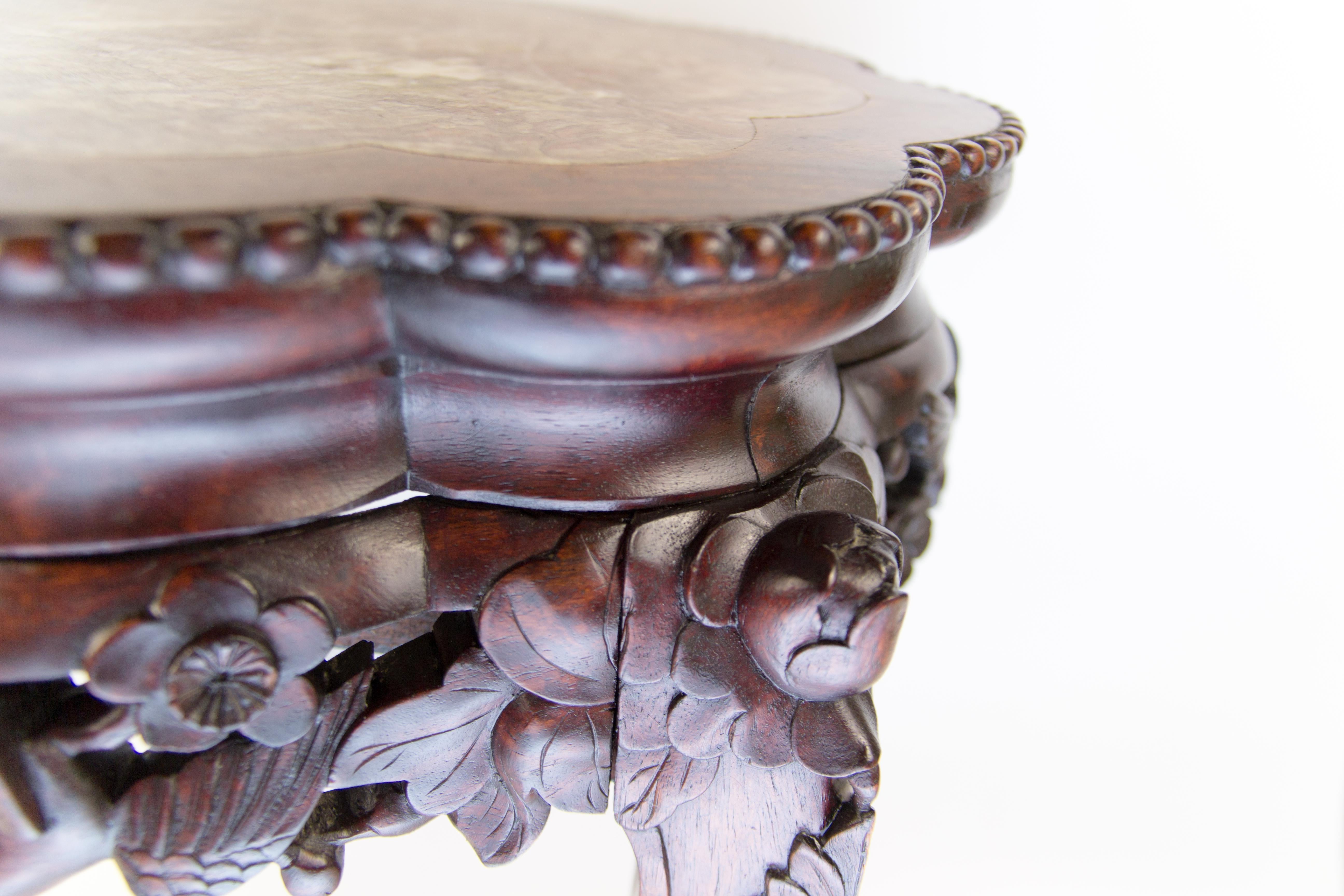 Chinese Carved Hardwood Pot Stand with Shaped Marble Inlaid Top 9